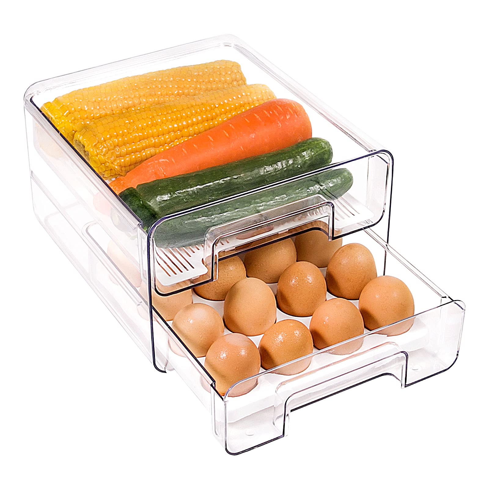 elabo 32 Grid Large Capacity Egg Holder for Refrigerator, Stackable Refrigerator Organizer Drawers with Removable Drain Tray, Fridge Organizer Bins, Pull Out Food Storage Container Bins with Drawers