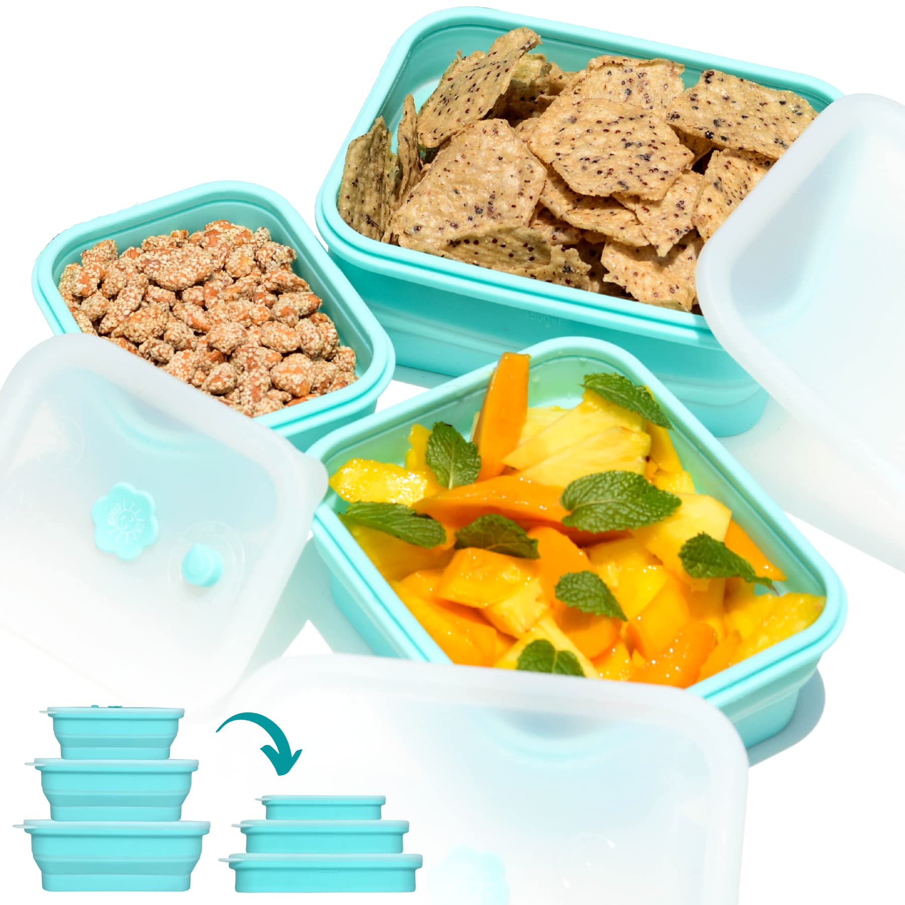 SiliStorage Set of Three Rectangular Collapsible Food Storage Containers with Airtight Flexible Lids - BPA Free, Compact, Oven, Microwave and Freezer Safe (Square Set)