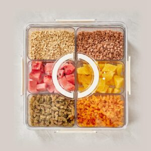 ＫＬＫＣＭＳ Snack Container Divided Food Storage Container Clear 6 Grids with Handle Lid, Divided Seasoning Box, Dried Fruit Plate for nuts Cookies