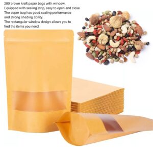 Fafeicy 200Pcs Sealable Bags for Packaging, Kraft Paper Stand Up Pouch Bag with Resealable Zipper and Window for Food and Coffee, 9x14cm