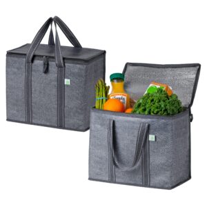 veno 2 pack cooler bag and insulated grocery bags for food delivery, collapsible cooler. reusable shopping bags for groceries with hard bottom, zippered top, foldable, heavy-duty (gray, 2 pack)