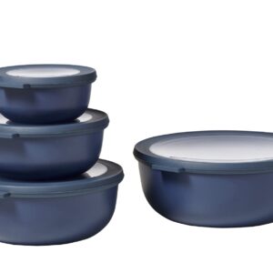 Mepal, Cirqula Set of 4 Multi Food Storage and Serving Bowls with Lids, Food Prep Containers, Shallow, Nordic Denim, (12oz, 25oz, 42oz, 76oz), 1 Set