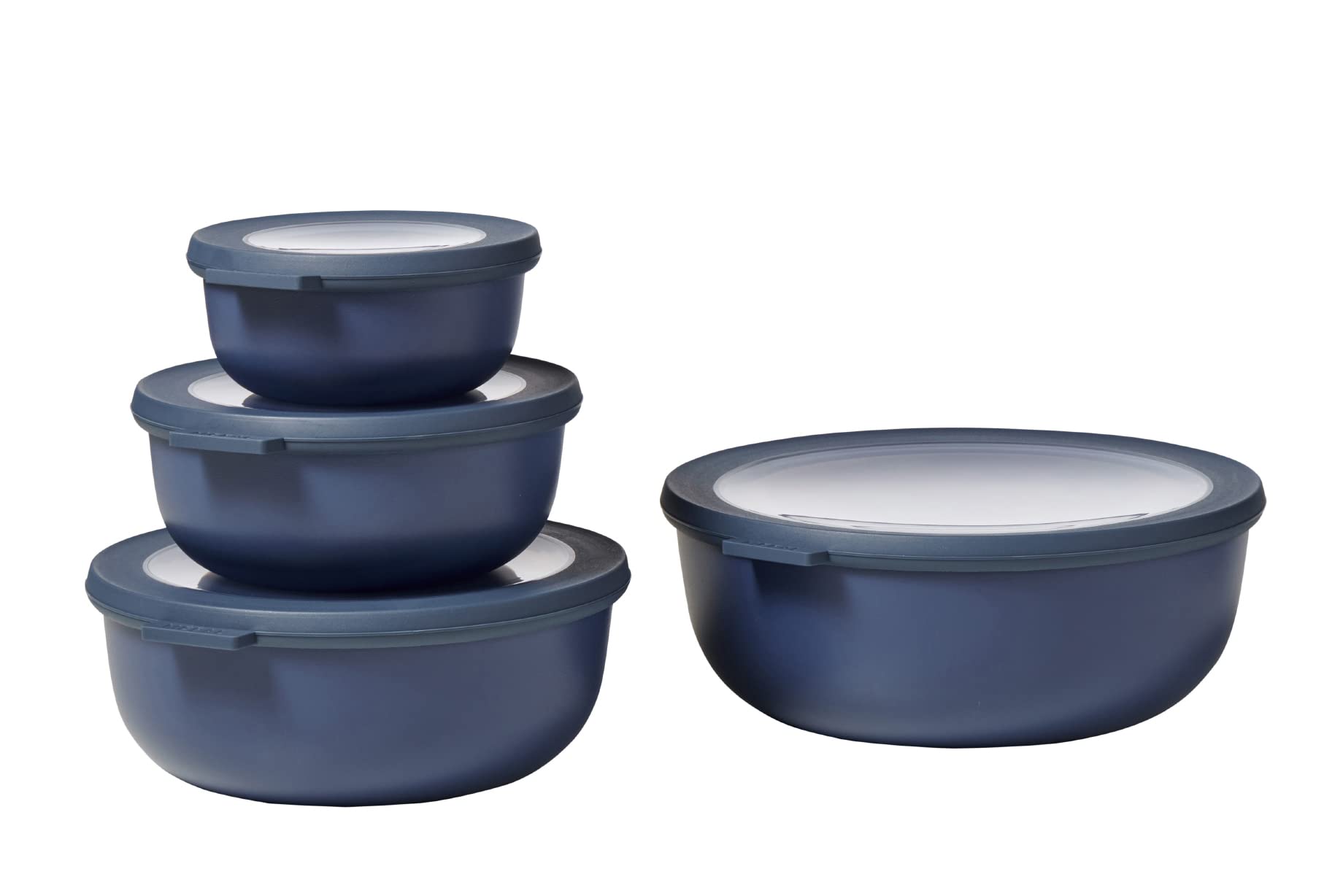 Mepal, Cirqula Set of 4 Multi Food Storage and Serving Bowls with Lids, Food Prep Containers, Shallow, Nordic Denim, (12oz, 25oz, 42oz, 76oz), 1 Set