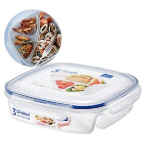 locknlock easy essentials on the go meals square lunch box food storage, 3 divided lunch box, 50-ounce - clear