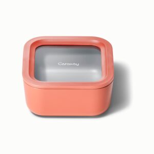 caraway glass food storage - 4.4 cup glass container - ceramic coated food container - non toxic, non stick lunch box container with glass lids. dishwasher, oven, & microwave safe - perracotta