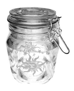 incisoart hand etched glass jar airtight canister sandblasted (sand carved) handmade engraved locking wire clamp lid (sun moon stars planets, 38 ounce)