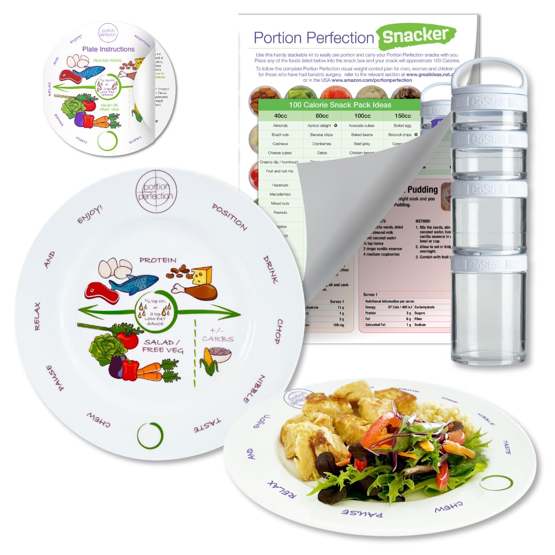 Bariatric Surgery 8 Inch Portion Control Plate x2 Plus 100 Cal Snack Container Set with Instructions for After Gastric Bypass, Sleeve Gastrectomy or Band. Balance Protein, Carbs & Vegetables