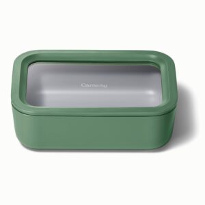 caraway glass food storage, 6.6 cup glass container,ceramic coated food container,easy to store, non toxic, non stick lunch box container with glass lids. dishwasher, oven,square shape,sage