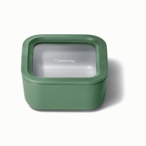 caraway glass food storage, 10 cup glass container - ceramic coated food container - easy to store, non toxic, non stick lunch box container with glass lids. dishwasher, oven, & microwave safe - sage
