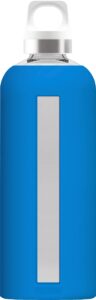 sigg - glass water bottle - star electric blue - soft silicon cover - leakproof - dishwasher safe - bpa free - broscilate glass - 29 oz