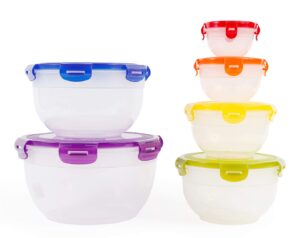 neoflam food storage plastic bowls with lids, 12 piece set - kitchen foundations, nestable, stackable, bpa-free, snap lock, airtight, rainbow, mixing, food prep, containers