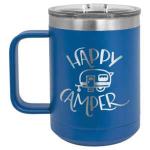 happy camper blue 15 oz coffee cup w/slide top lid | insulated travel coffee mug | birthday or christmas gift ideas from women or men | compare to yeti rambler | onlygifts.com