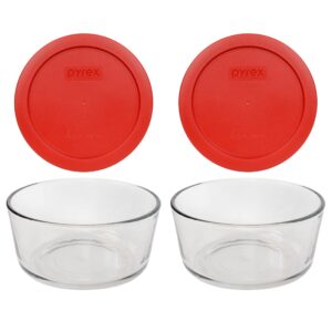 pyrex (2 7201 4 cup glass bowls & (2) 7201-pc poppy red lids made in the usa