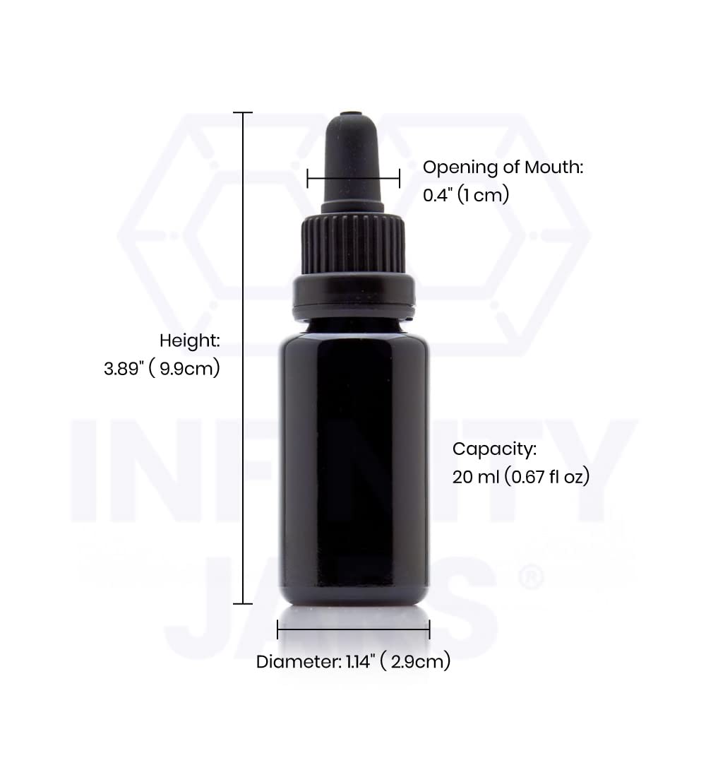 Infinity Jars 20 ml (.34 fl oz) Black Ultraviolet Glass Bottle w/Glass Eye Dropper 10-Pack