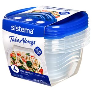 sistema takealongs 1.2l deep square 4 pack food storage containers, 1.2 litre, clear with blue lid