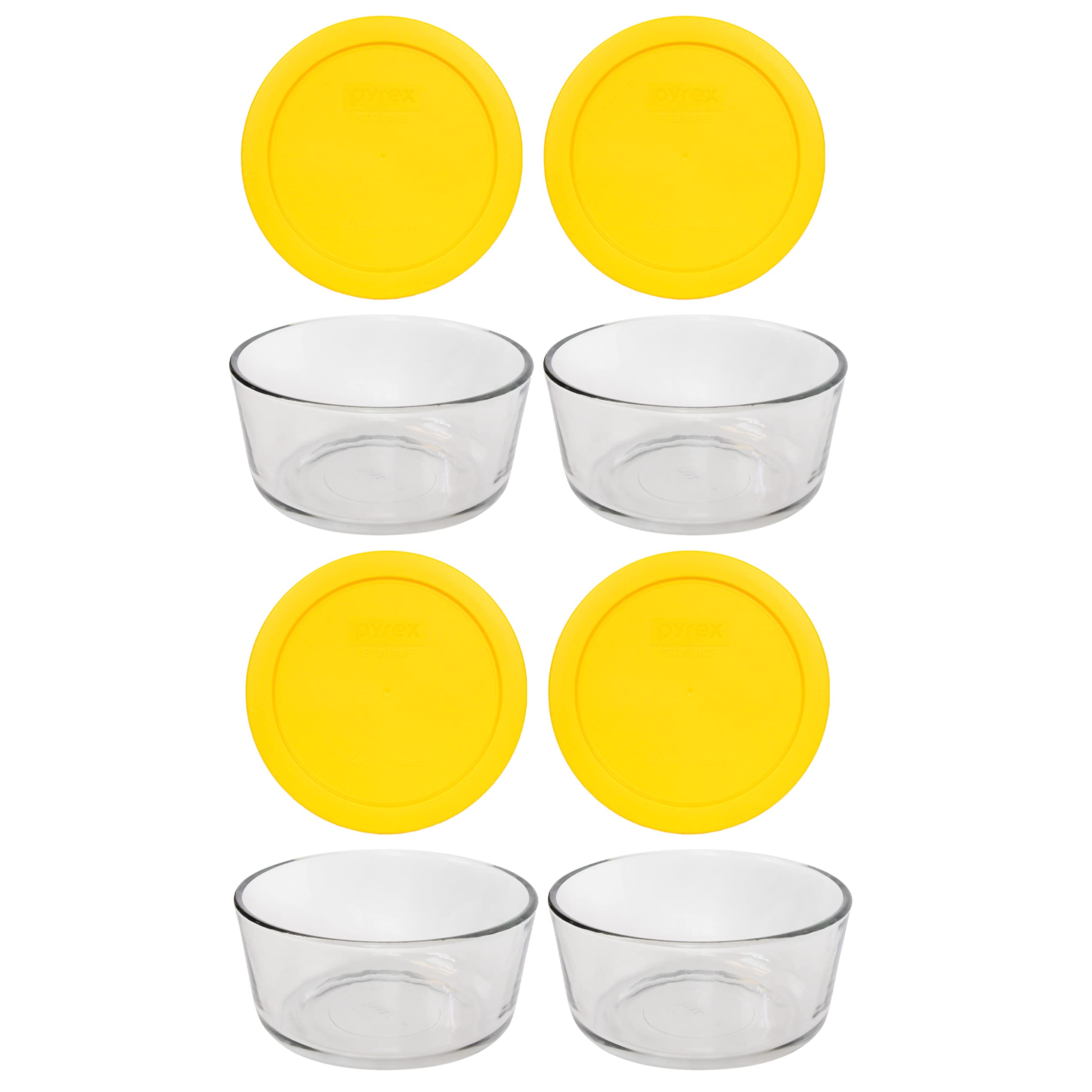 Pyrex (4) 7201 4 Cup Glass Bowls & (4) 7201-PC Meyer Lemon Yellow Lids Made in the USA