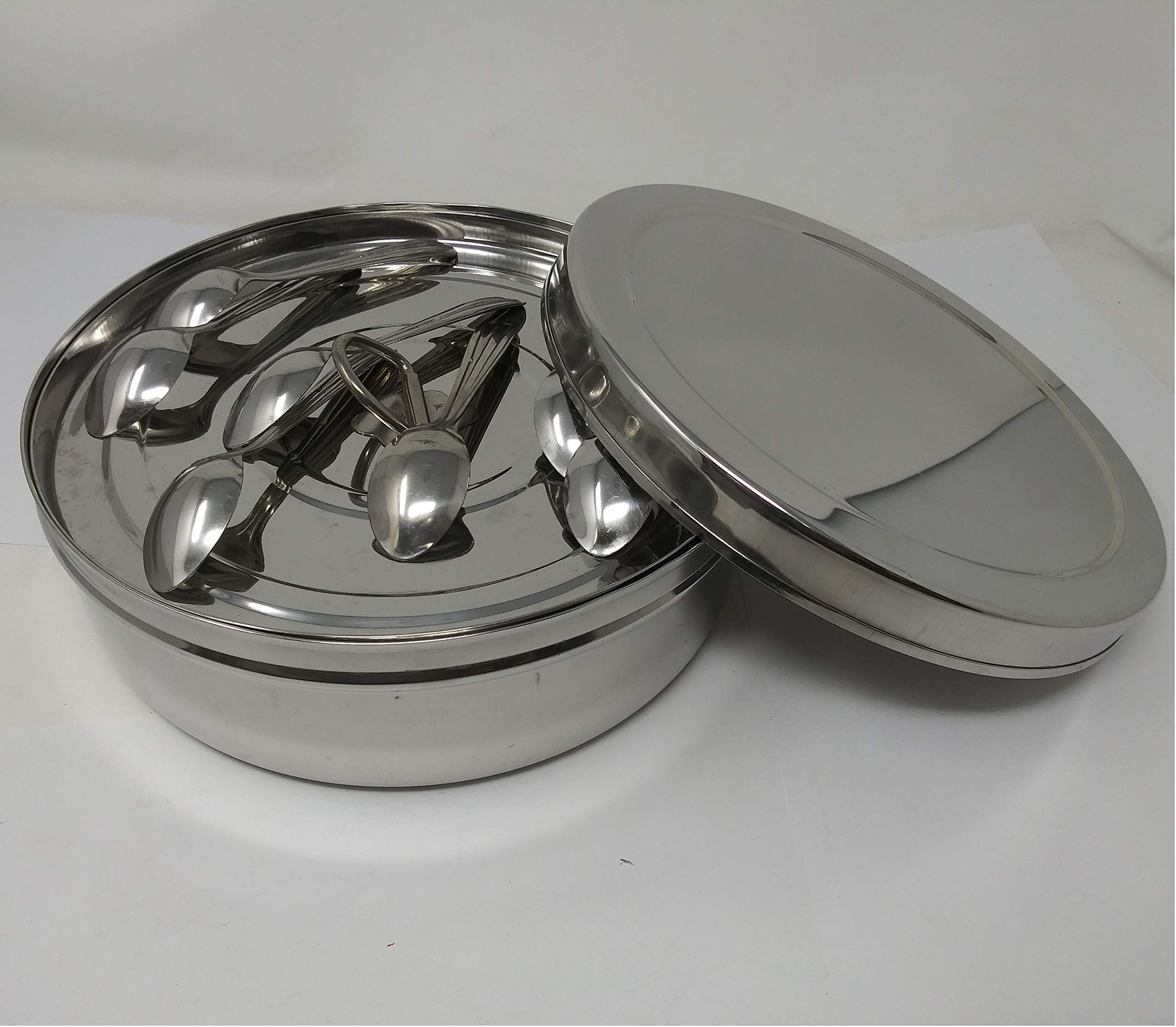 Tabakh Stainless Steel Sada Masala Dabba Spice Container Box - 7 Containers & 7 Spoons - 8.5-Inches