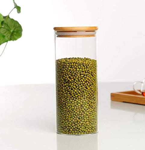Glass Food Storage Jar with Natural Wood Lid - Coffee Bean & Kitchen Container for Tea Dry Fruit Nuts Candy Seasoning Spaghetti Clear Sealing size 750ML/25.4oz