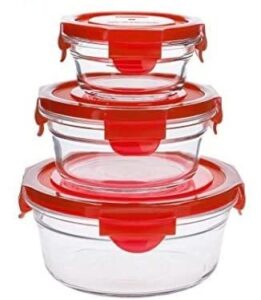 glasslock round oven and microwave safe container set anti spill proof with red lids (6-piece)