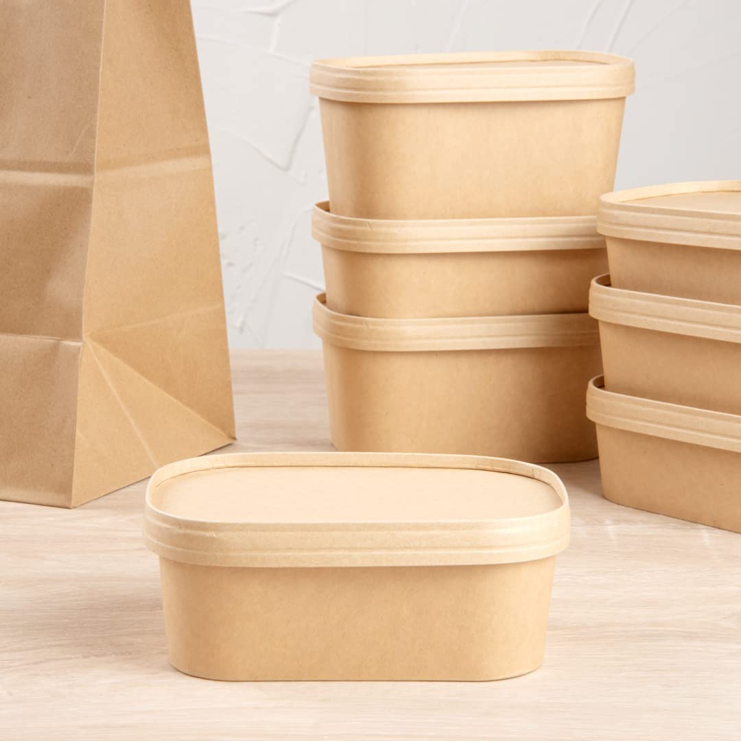 Restaurantware LIDS ONLY: Bio Tek Lids For To Go Containers 100 Oval Food Container Lids - Containers Sold Separately Flat Design Kraft Paper Lids For Disposable Serving Bowls Tight Seal