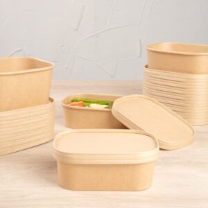 Restaurantware LIDS ONLY: Bio Tek Lids For To Go Containers 100 Oval Food Container Lids - Containers Sold Separately Flat Design Kraft Paper Lids For Disposable Serving Bowls Tight Seal