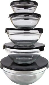 imperial 5 pcs glass nested dipping or storage bowls with black lids