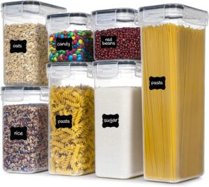 7 pack airtight food storage containers with lids, bpa free kitchen storage containers for spaghetti, pasta and more, plastic canisters for pantry organization and storage（attached sticker）