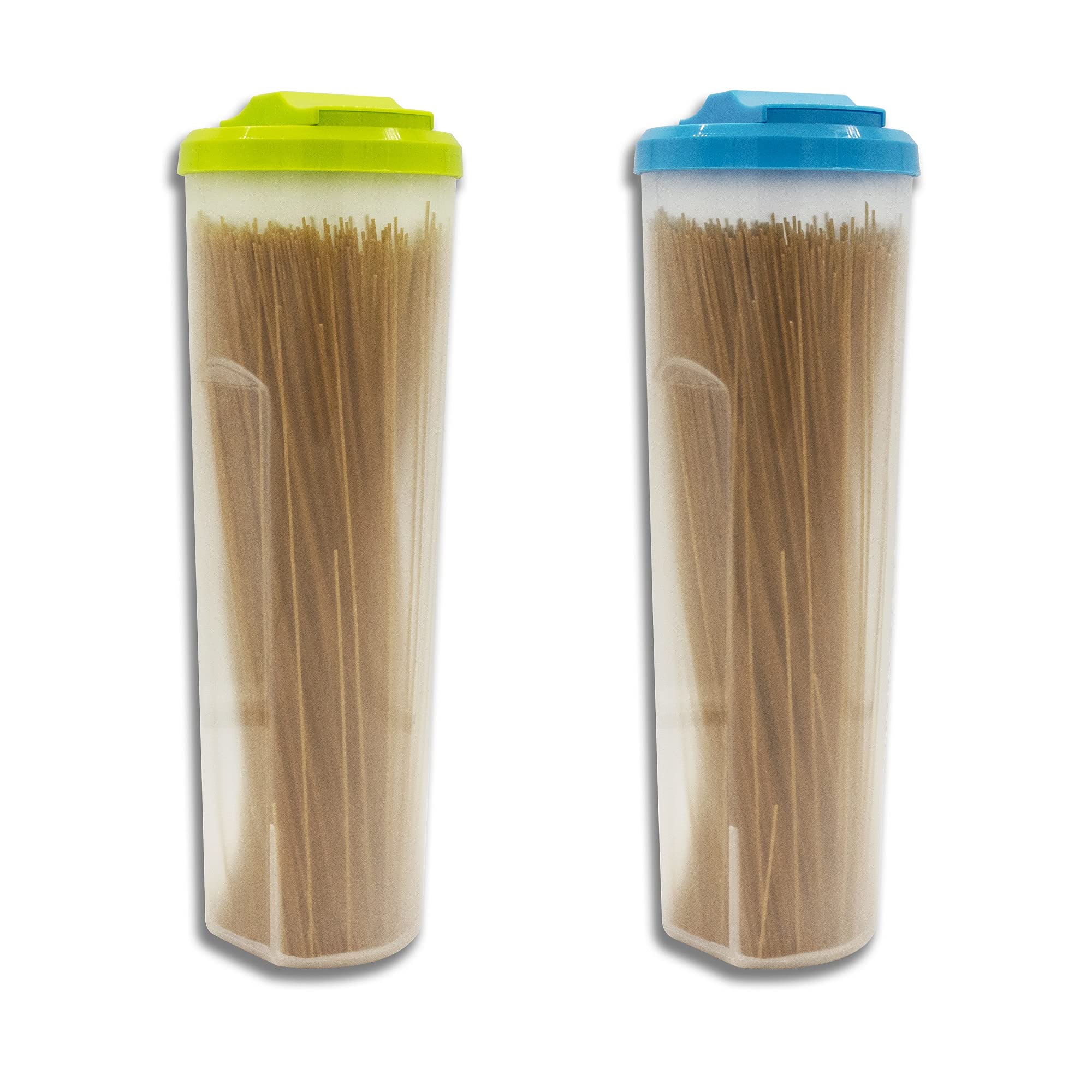 Kevo Tall Pasta Container Food Storage for Spaghetti, Noodle Cereal, Beans, Rice Keeper Plastic Tall Jar with Measuring (100g,200g) Lid (2-Pack(Blue-Green))