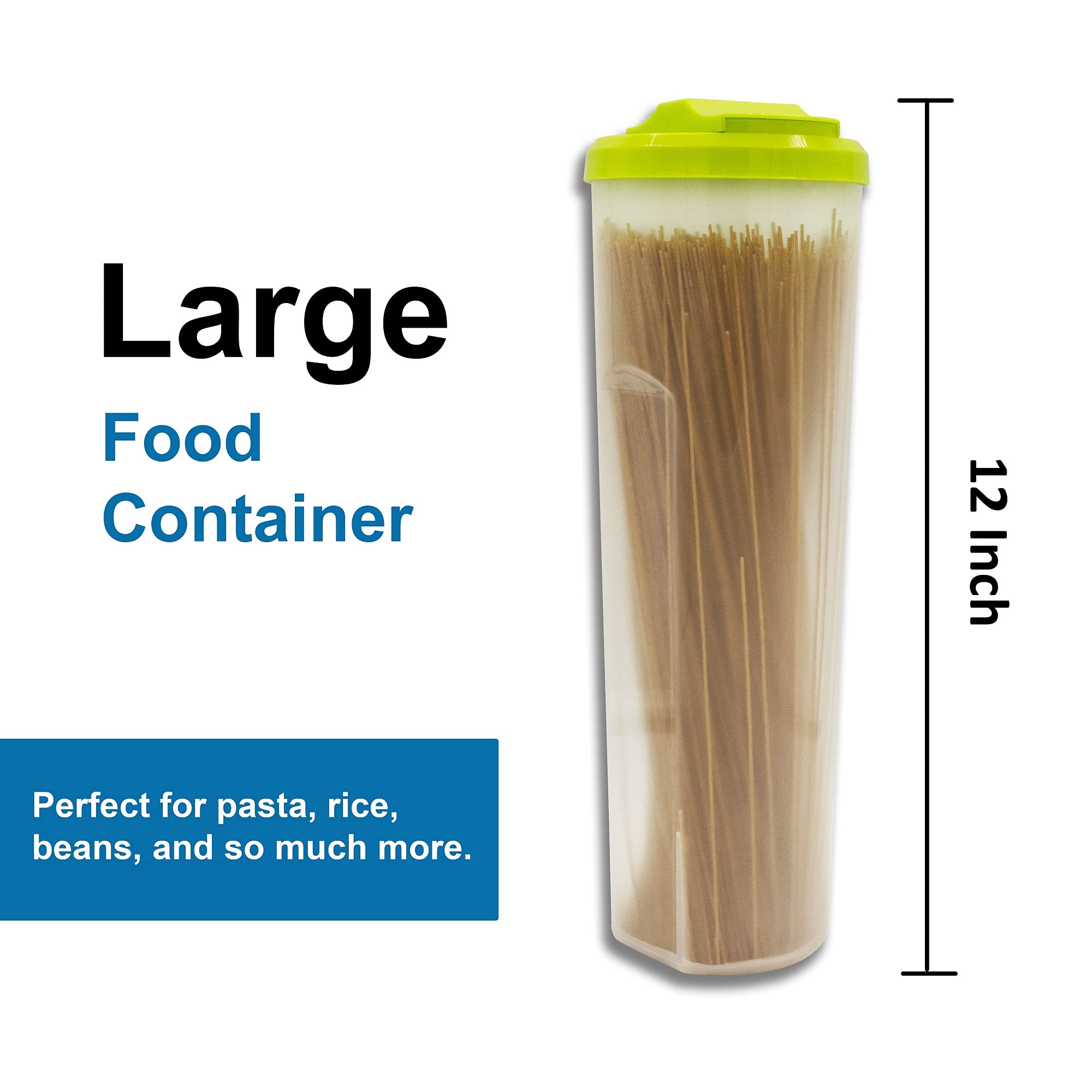 Kevo Tall Pasta Container Food Storage for Spaghetti, Noodle Cereal, Beans, Rice Keeper Plastic Tall Jar with Measuring (100g,200g) Lid (2-Pack(Blue-Green))