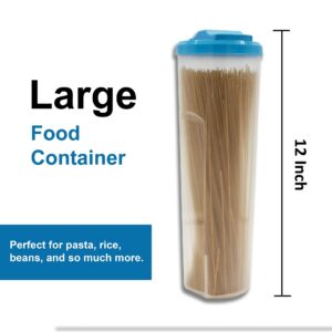 Kevo Tall Pasta Container Food Storage for Spaghetti, Noodle Cereal, Beans, Rice Keeper Plastic Tall Jar with Measuring (100g,200g) Lid (2-Pack(Blue-Green))