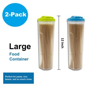 Kevo Tall Pasta Container Food Storage for Spaghetti, Noodle Cereal, Beans, Rice Keeper Plastic Tall Jar with Measuring (100g,200g) Lid (2-Pack(Blue-Green))