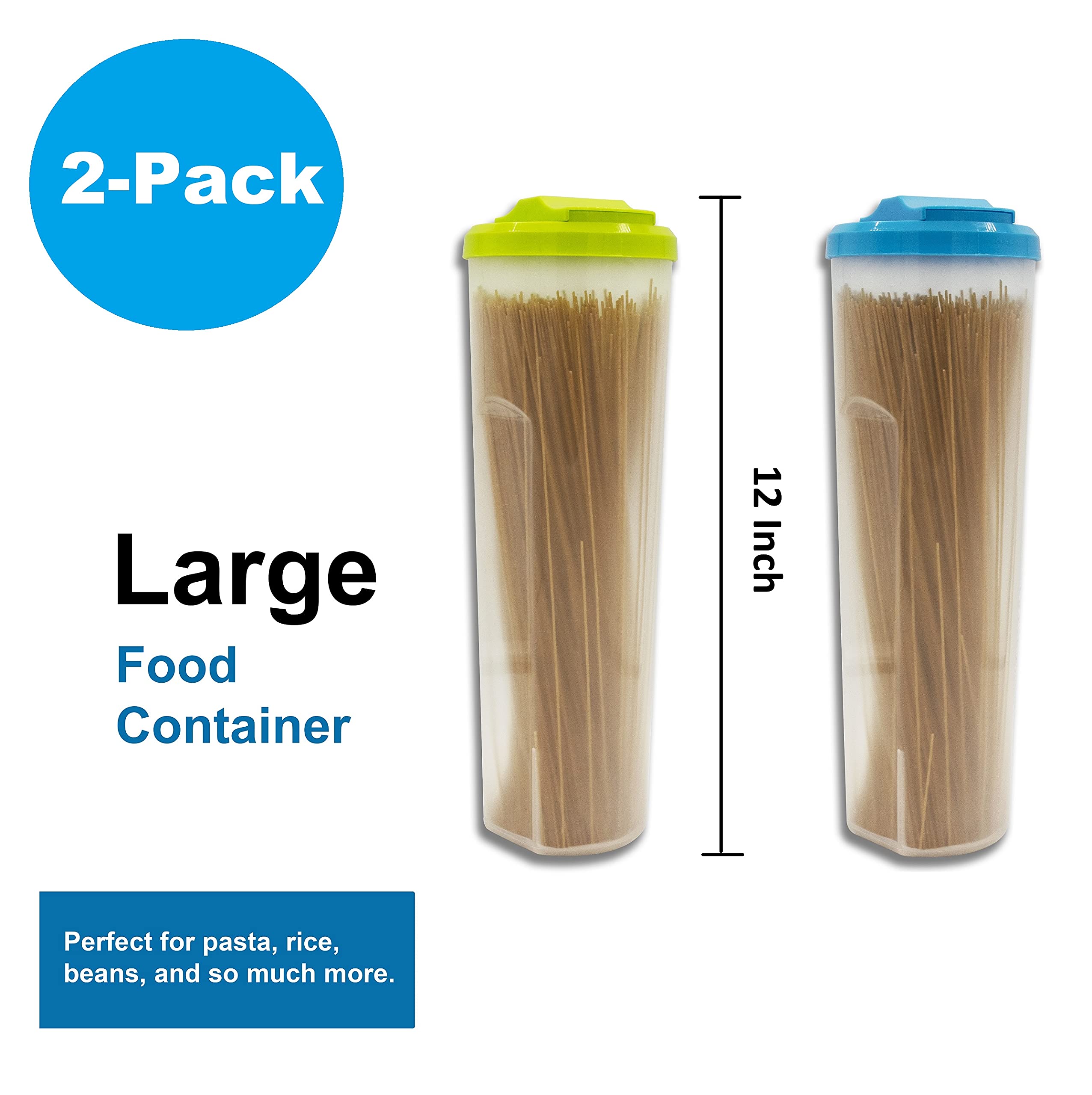 Kevo Tall Pasta Container Food Storage for Spaghetti, Noodle Cereal, Beans, Rice Keeper Plastic Tall Jar with Measuring (100g,200g) Lid (2-Pack(Blue-Green))