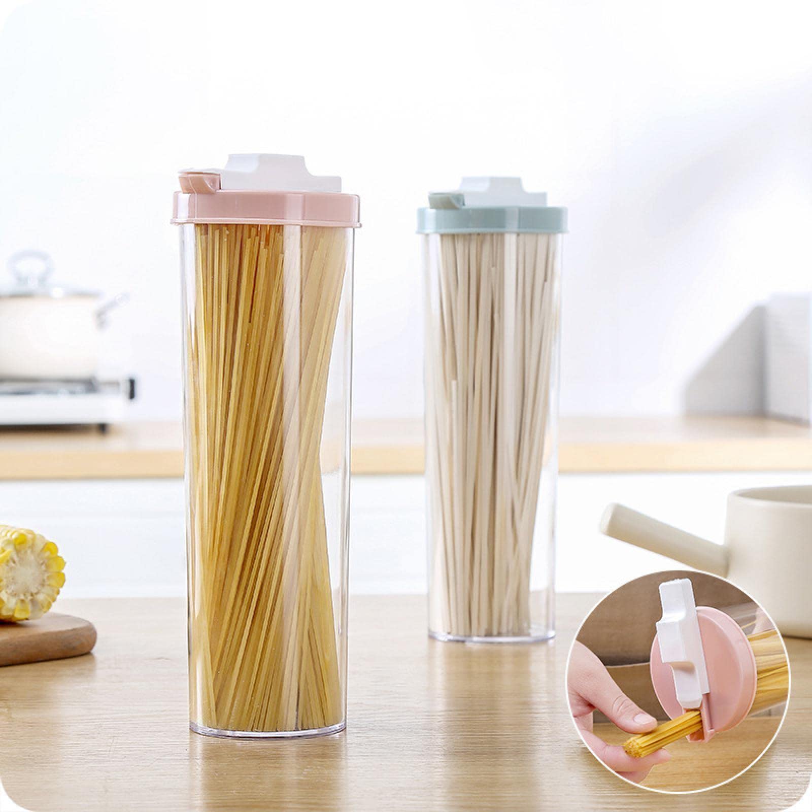 EVANEM Kitchen storage box storage jar sealed storage noodle kitchen hanging noodle storage box round pasta storage bucket pink