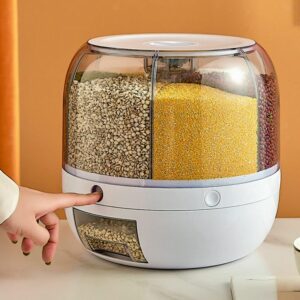 bilpikogoo 6 grid rice dispenser, rotating grain storage container, one-click output round rice container rotating grain dispenser kitchen organization 10 kg
