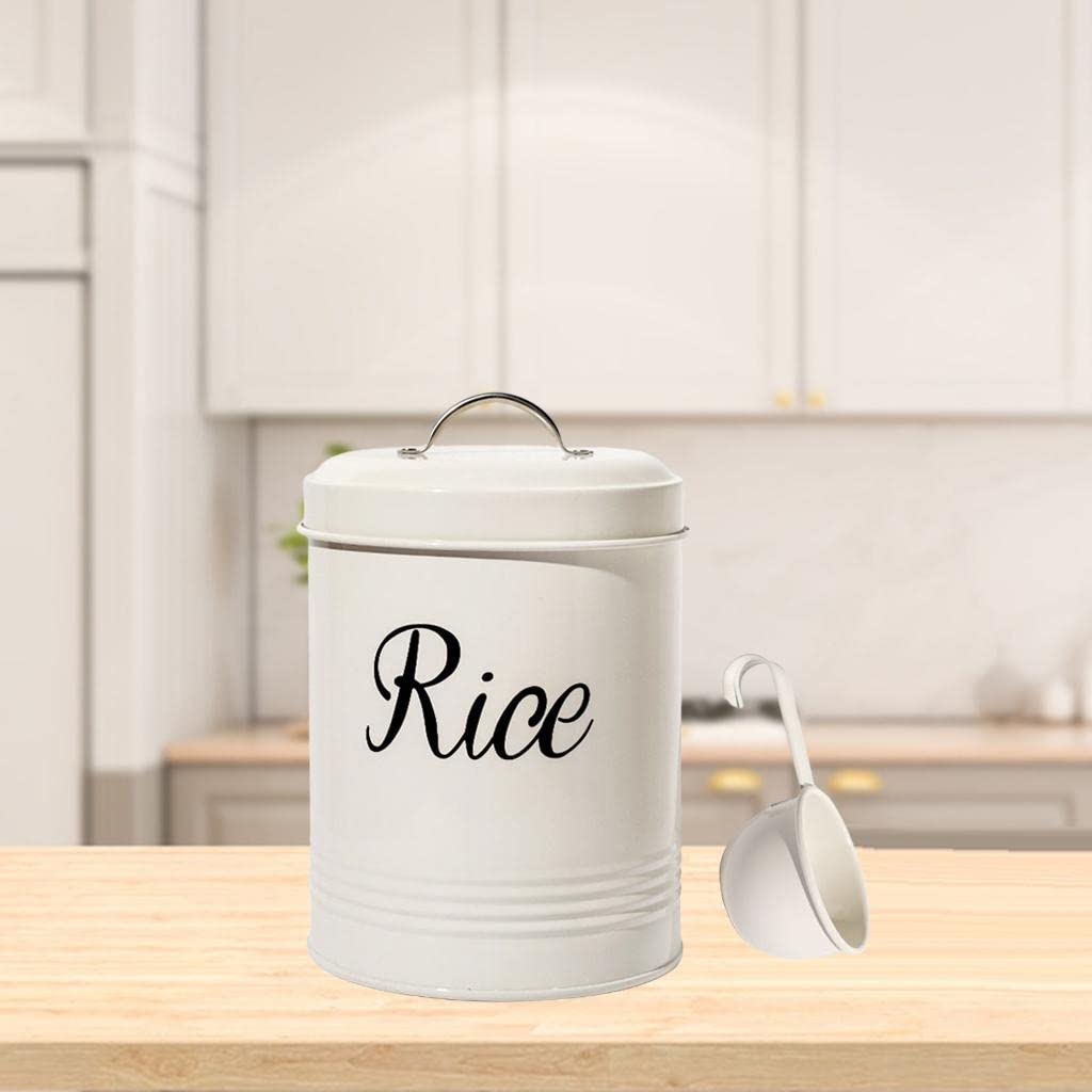 LOVIVER Rustic White Metal Vintage Food Rice Storage Tin Canister Box 3L Container