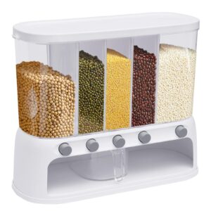 gdrasuya10 22lbs rice and grain dispenser, 5-grid kitchen dry food container with airtight moisture lid, 1-click output transparent rice storage with measuring cup for cereal, flour, beans