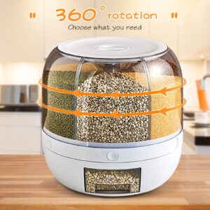 360° Rotating 6 Grid Food Dispenser,Rice Storage Container Waterproof and moisture-proof Dry Grain Food Storage Bucket for Home Kitchen