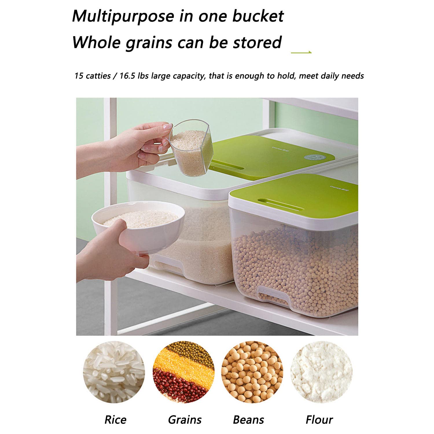 ACGrade Rice Container, Rice Barrel, 16.5lb Rice Storage Container, Slide Lid Rice Container, Storage containers for a Pantry, Dry Food Storage containers, White Green Rice Container, 8.7*14.6*6.7in