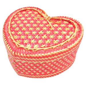 Bamboo Sticky Rice Serving Basket 6x5.2 Inch, Kratip, Intricately Woven Container, Heart-Shaped, American Flag, Thailand Handmade, Dyed with Natural Based (Red Pikul Flowers)