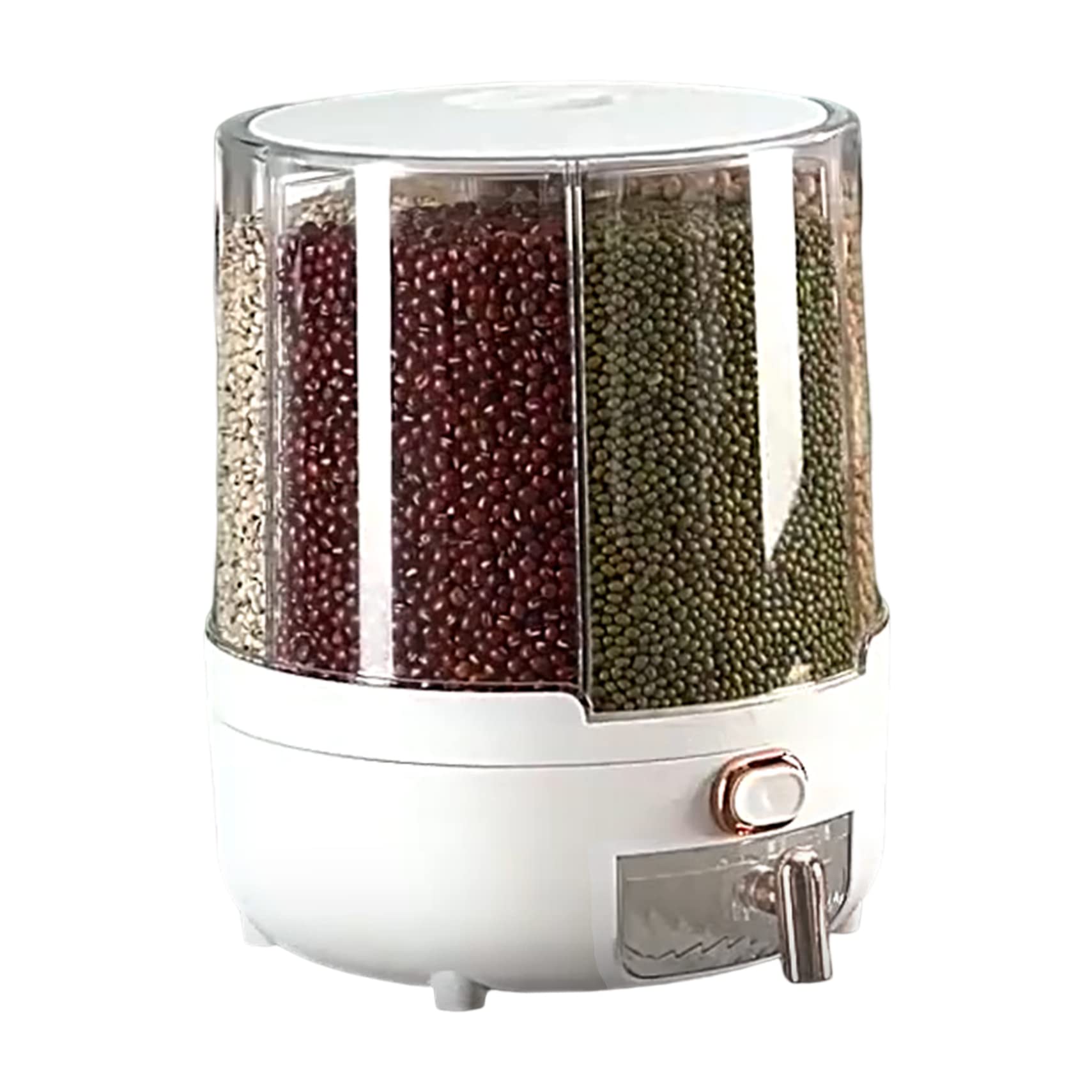 Rice Containers, 360 Degree Rotating Dry Food Dispenser with 6 Compartments Holder, Clear Grain Dispenser, Grain Storage Bin for Rice & Beans (10KG Capacity)