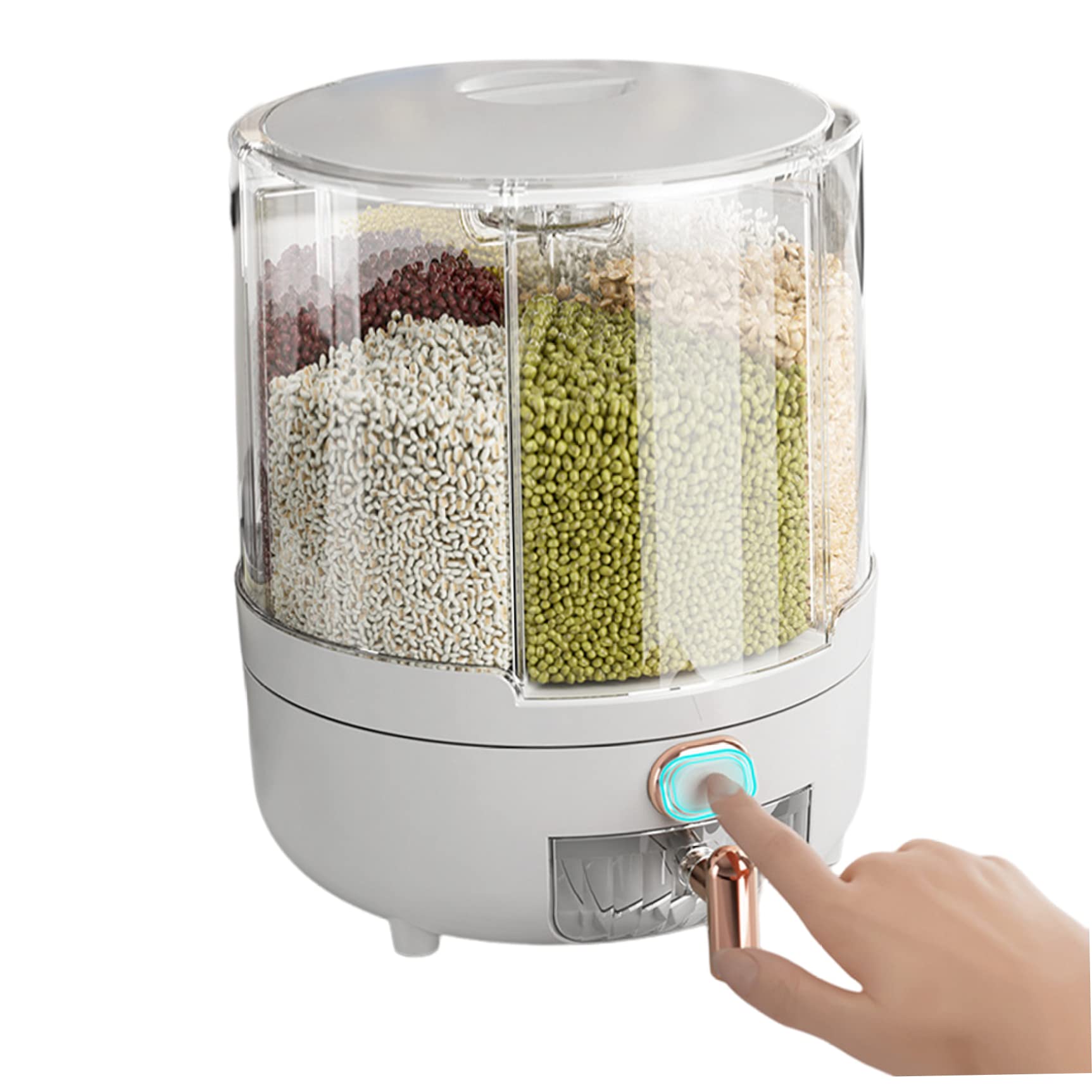 Rice Containers, 360 Degree Rotating Dry Food Dispenser with 6 Compartments Holder, Clear Grain Dispenser, Grain Storage Bin for Rice & Beans (10KG Capacity)