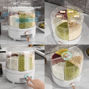 Rice Containers, 360 Degree Rotating Dry Food Dispenser with 6 Compartments Holder, Clear Grain Dispenser, Grain Storage Bin for Rice & Beans (10KG Capacity)