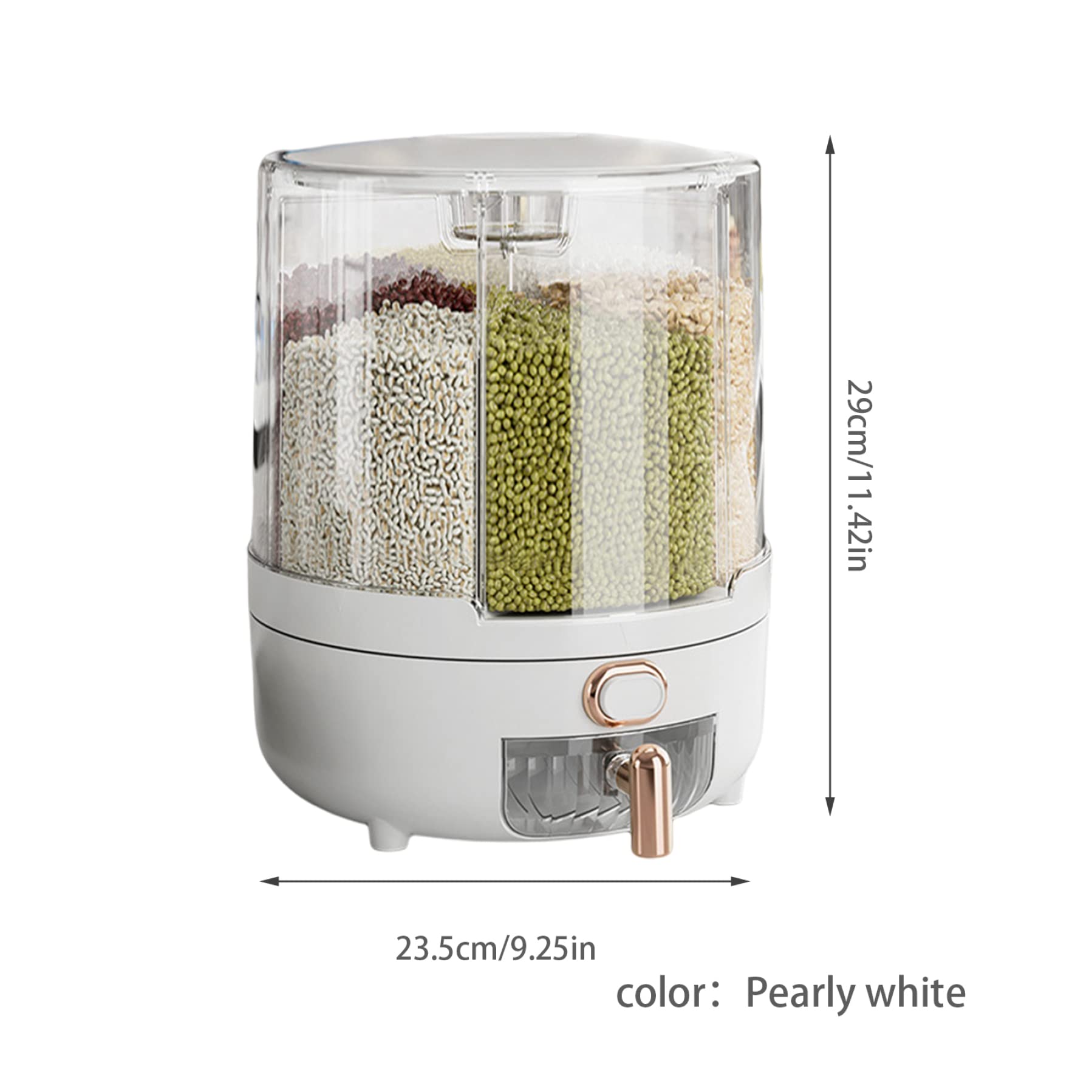 Rice Containers, 360 Degree Rotating Dry Food Dispenser with 6 Compartments Holder, Clear Grain Dispenser, Grain Storage Bin for Rice & Beans (10KG Capacity)