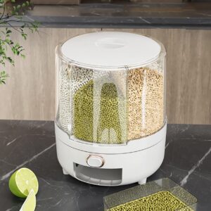 Rice Containers, 360 Degree Rotating Dry Food Dispenser with 6 Compartments Holder, Clear Grain Dispenser, Grain Storage Bin for Rice & Beans (10KG Capacity)