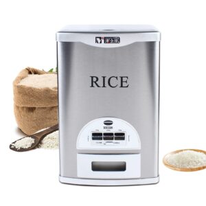auto rice dispenser, 15kg/33lb capacity rice storage container stainless steel+abs large grain dispenser 100g/150g/250g automatic rice dispenser for small grains, beans, rice (rice not included)