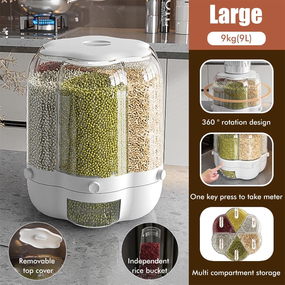 ZSQSM Rotating Rice Dispenser, Rice Dispenser 6 Grid, Rotatable Sealed Grain Food Storage Box, One-Click Rice Output, Rice and Grain Storage Container for Home Kitchen