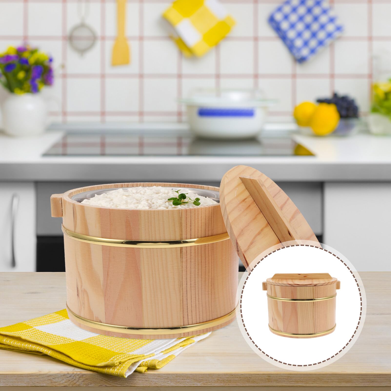 1 Set Cask Rice Cask Stainless Steel Containers Salad Containers Cake Containers with Lids Rice Storage Container Sushi Oke Rice Bowl Wooden Container with Cover Wooden Rice Bucket