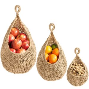 crandek boho jute hanging basket - wicker hanging fruit basket for fresh produce storage, vegetable keeper for potato, onion garlic, plant holder - handmade kitchen pantry organizer (3 size pack)