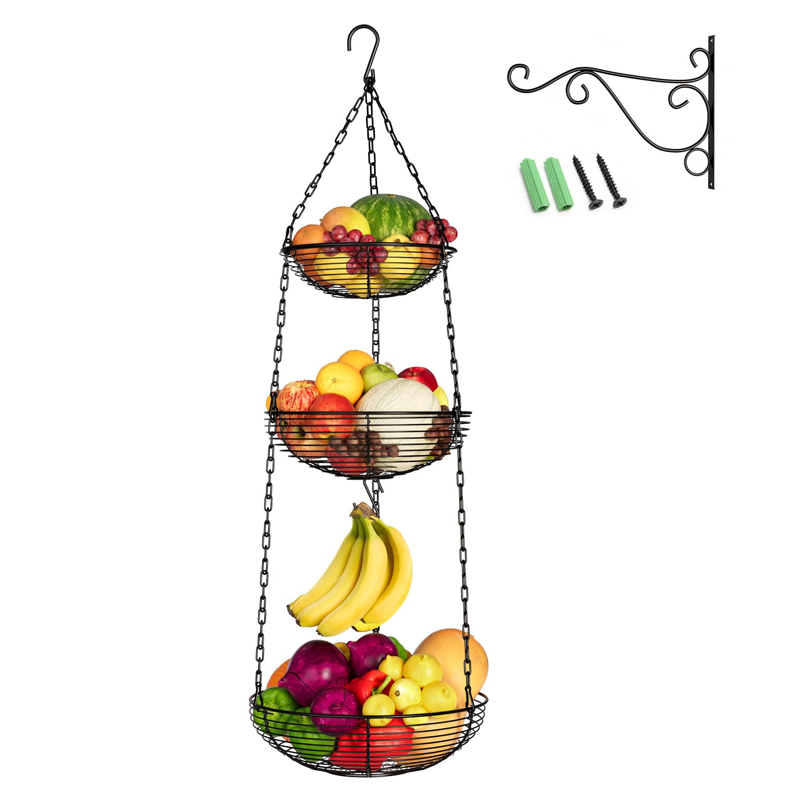 HULISEN 3 Tier Hanging Fruit Basket with Banana Hook, Heavy Duty Wire Hanging Baskets for Kitchen Storage, 35.4 Inch Hanging Vegetable Produce Basket Organizer (Including Installation Bracket)