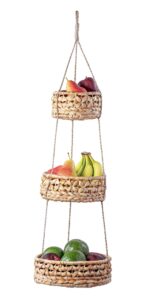 hanging fruit basket 3 tier for kitchen, handmade natural rattan handwoven wicker seagrass woven wall baskets vegetable organizer produce fruit holder counter space saver storage boho hanging planter